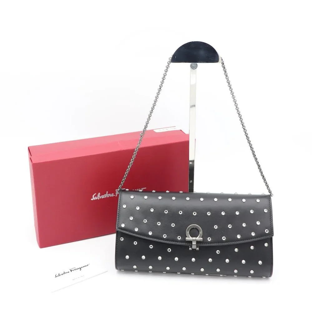 NWT Salvatore Ferragamo Gancini Clip Black Leather Studded Mini Bag Clutch - Picture 1 of 10